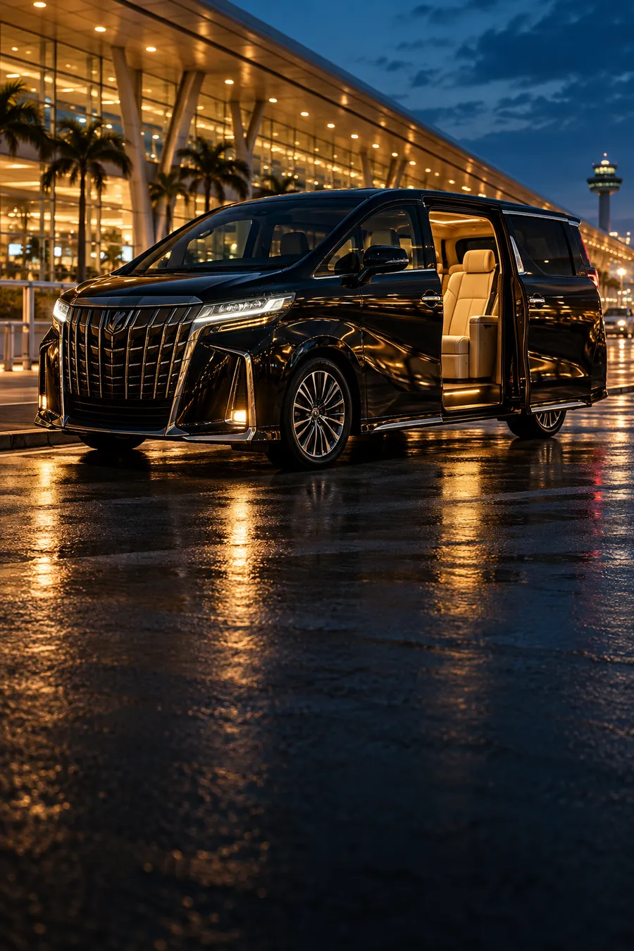 A black luxury MPV at the airport at dusk