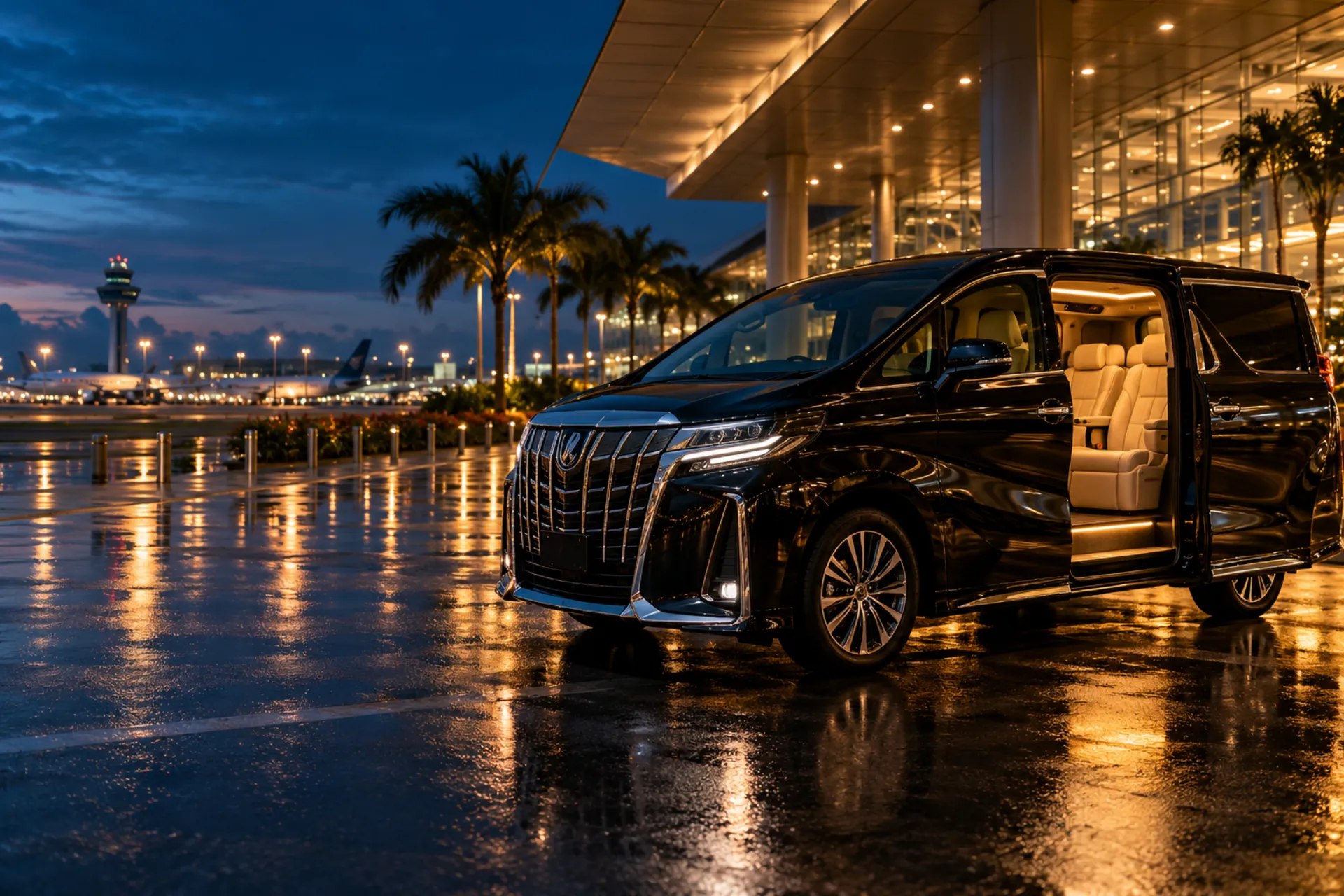 A black luxury MPV waiting at the airport kerb at dusk
